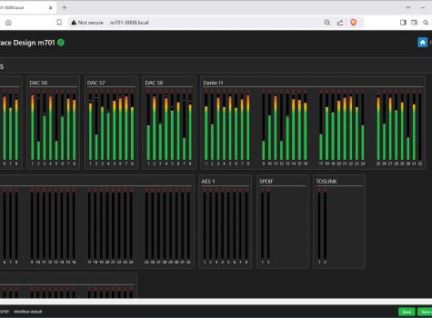 Grace Design m701 web-based control interface displaying comprehensive metering views for analog and digital inputs/outputs, featuring signal levels and routing options.