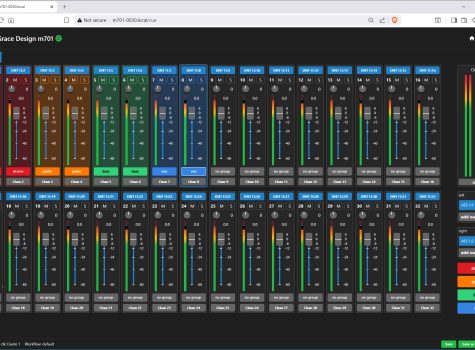 Grace Design m701 interface showing 32-channel mixer layout with metering views for inputs and outputs, integrated control for m108 mic preamps, and user-friendly web-based control via GraceNet.