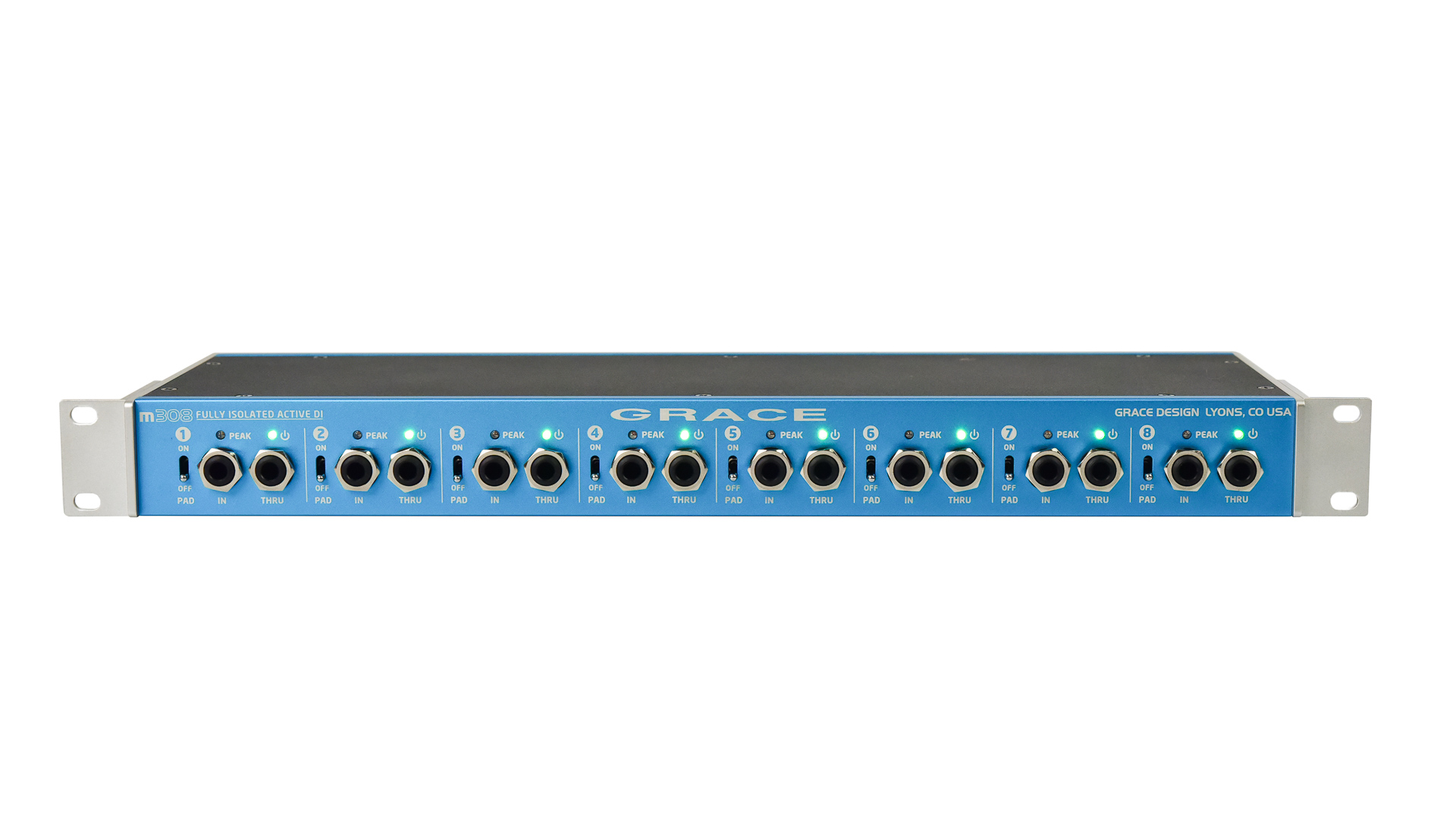 m308 high-performance 8 channel active DI by Grace Design, featuring input/output jacks, LED indicators, and a sleek blue design, emphasizing professional audio equipment for studio and stage use.