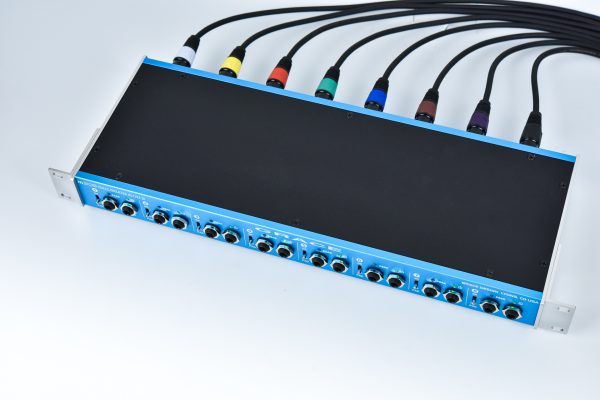High-performance m308 8 channel active DI box with multiple input connections and colored cables, designed for professional audio applications.