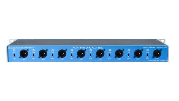 High-performance Grace Design m308 8 channel active DI box featuring multiple XLR outputs and a sleek blue rack-mountable design, optimized for professional audio applications.
