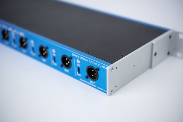 Grace Design m308 High Performance 8 Channel Active DI rack-mountable unit with custom-wound transformers, featuring XLR inputs and outputs, designed for low noise and high-quality audio performance.