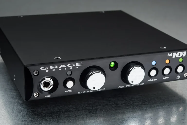 Grace Design M101 microphone preamplifier with gain controls and indicator lights