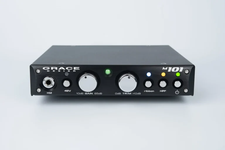Front panel of the Grace Design m101 single-channel microphone preamplifier featuring a Hi-Z input, gain controls, and status LEDs.