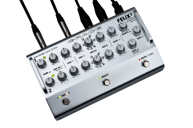 Grace Design FELIX2 dual-channel instrument preamp pedal with parametric EQ knobs and footswitches on a silver chassis.