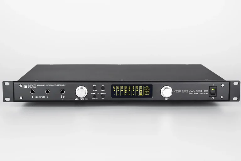 Grace Design m108 8-channel microphone preamplifier and analog-to-digital converter, showcasing transparent audio quality for professional