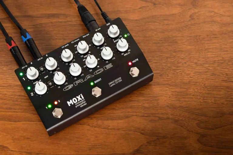 Close-up of the Grace Design MOXI instrument preamp blender, showcasing its controls and connectivity for