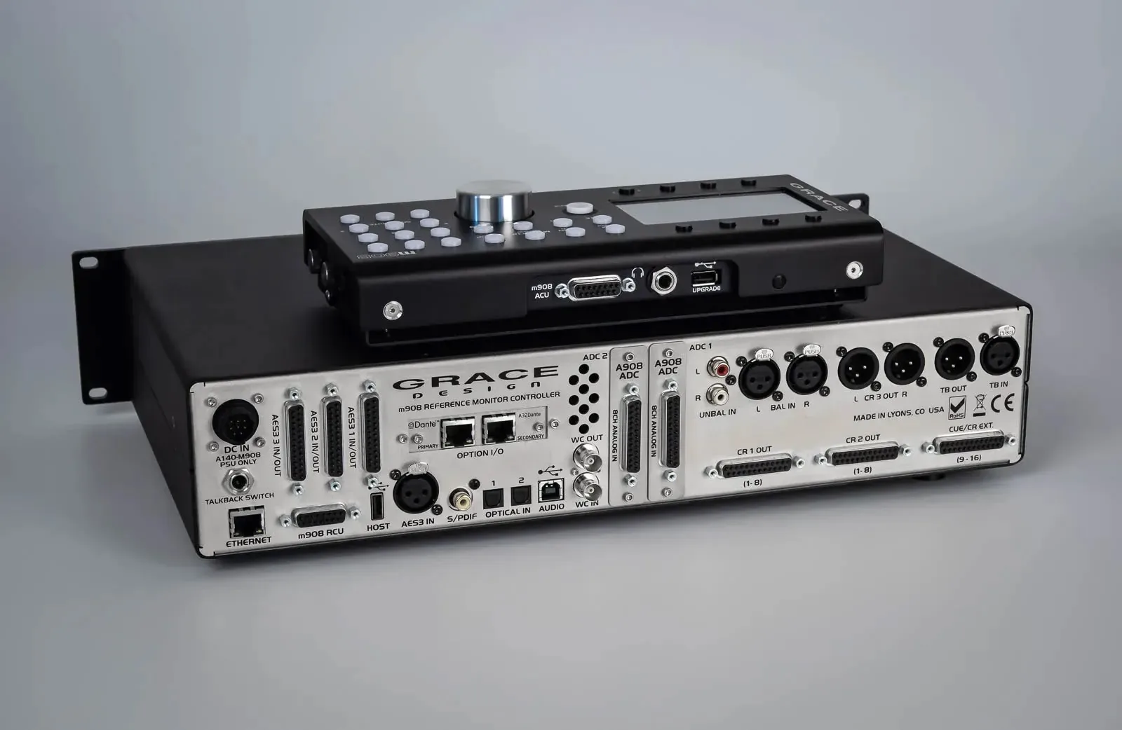 Grace Design m908 reference monitor controller rackmount unit and tabletop remote controller back panel.