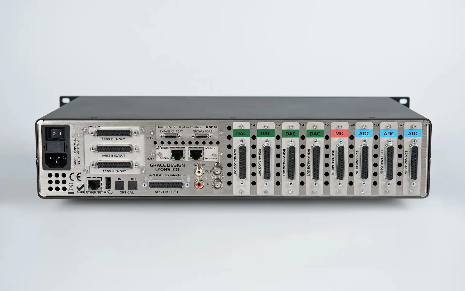 Rear panel of the Grace Design m701 audio interface showing modular DAC, ADC, Mic preamp, and Dante card slots.