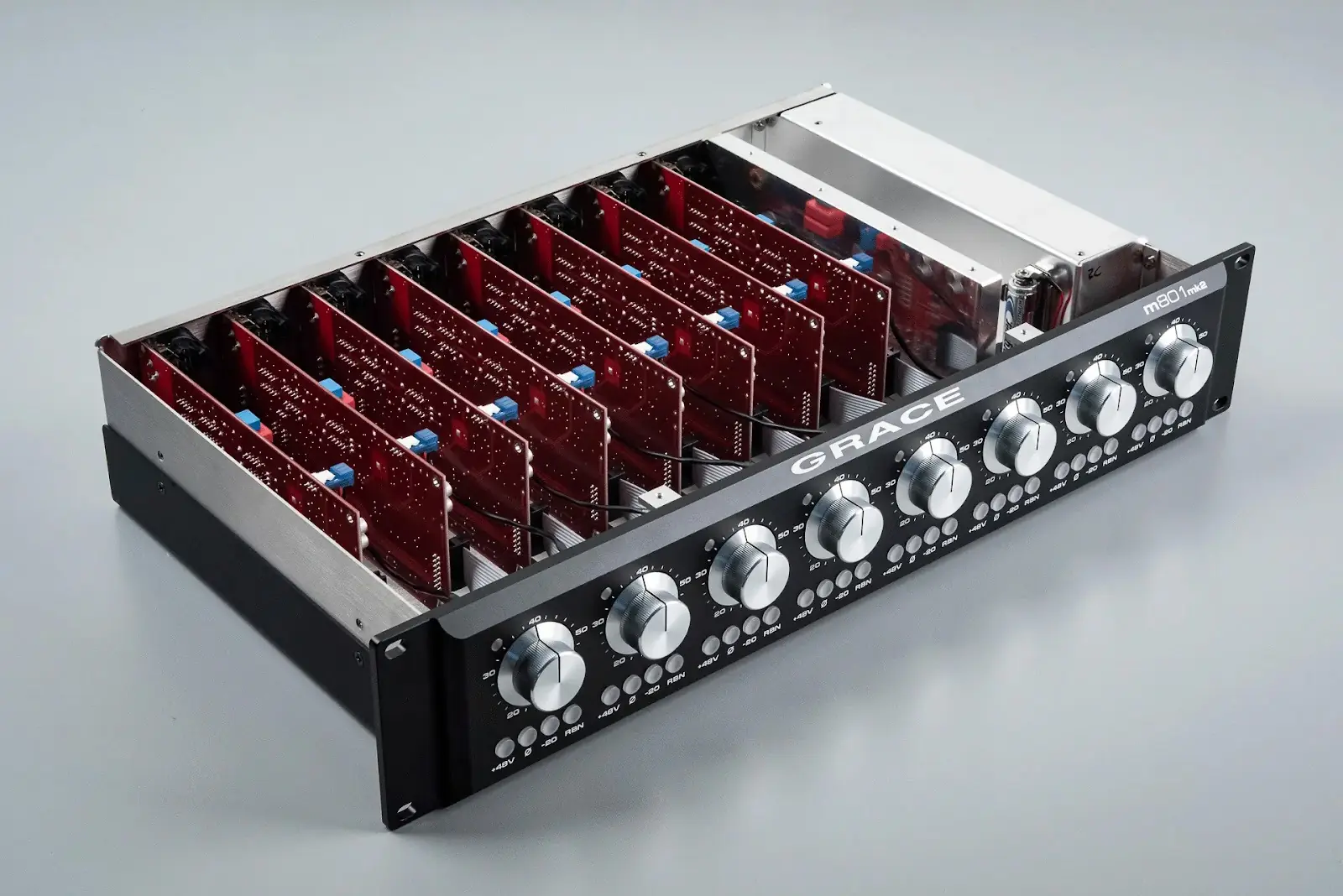 Inside the Grace Design m801mk2 8-channel mic preamplifier, highlighting its premium analog circuit board design.