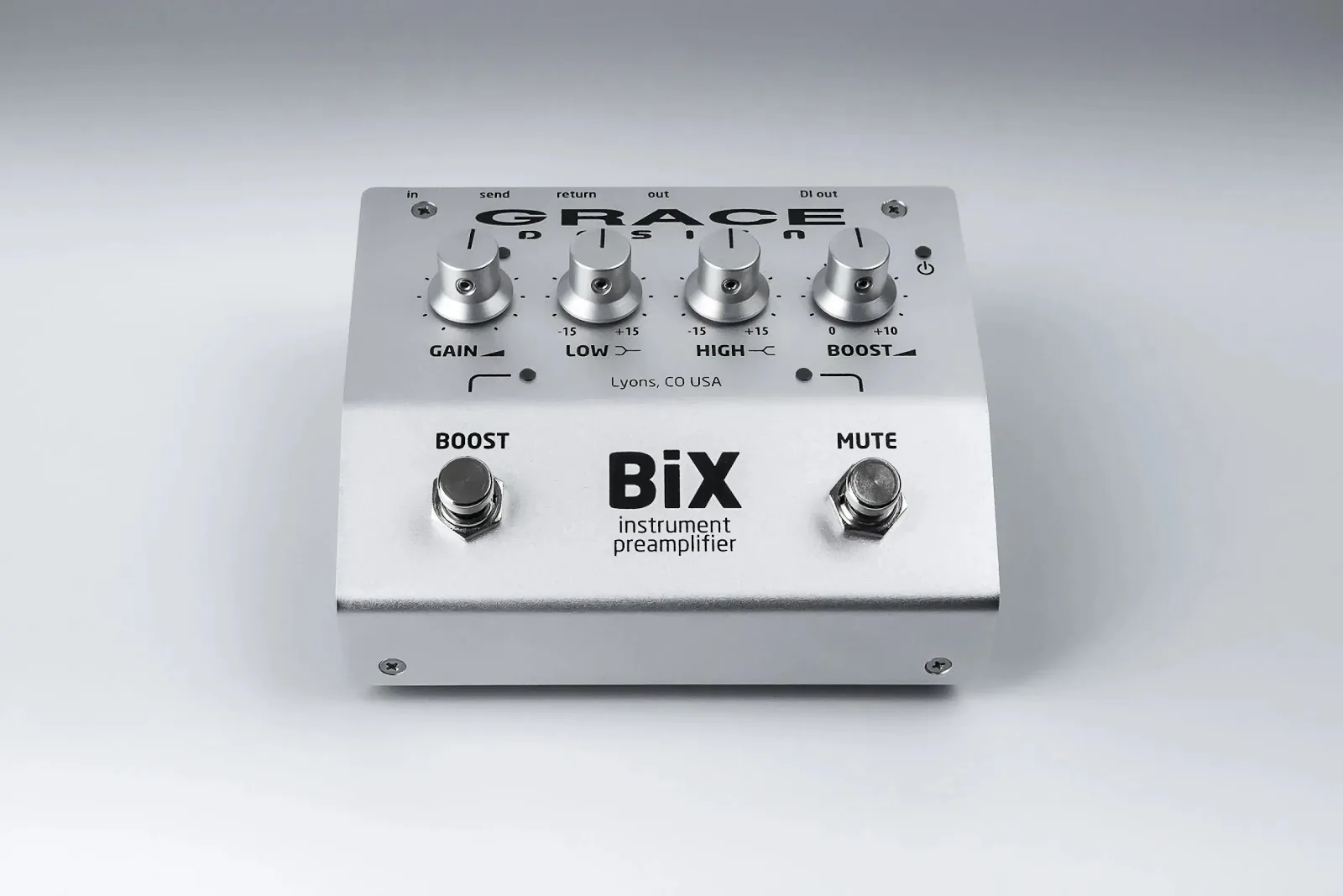 Grace Design BiX instrument preamplifier pedal featuring precision EQ, boost controls, and rugged metal chassis.