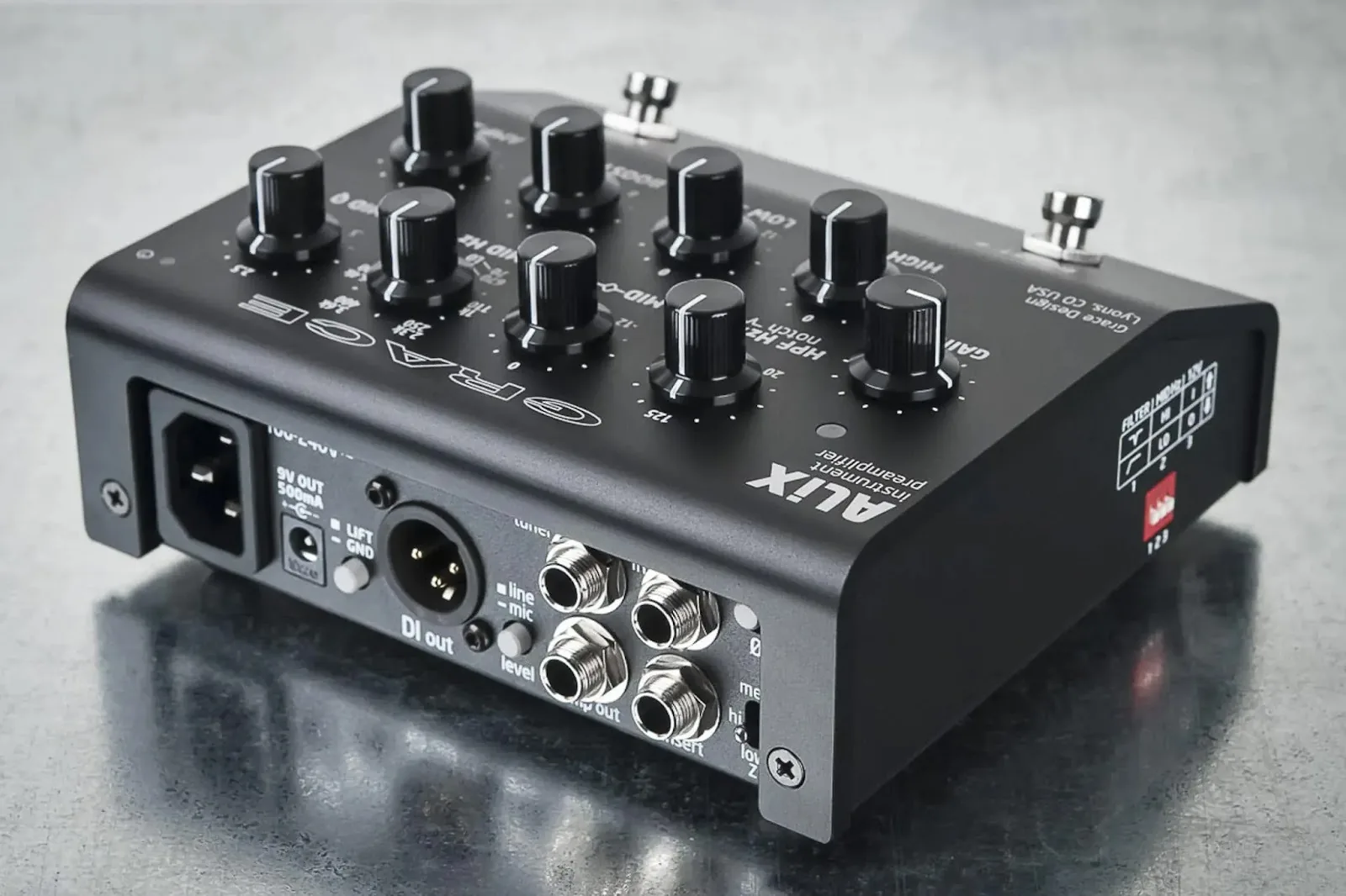 Rear-angle view of the Grace Design ALiX acoustic instrument preamplifier pedal showing top control knobs and rear I/O.