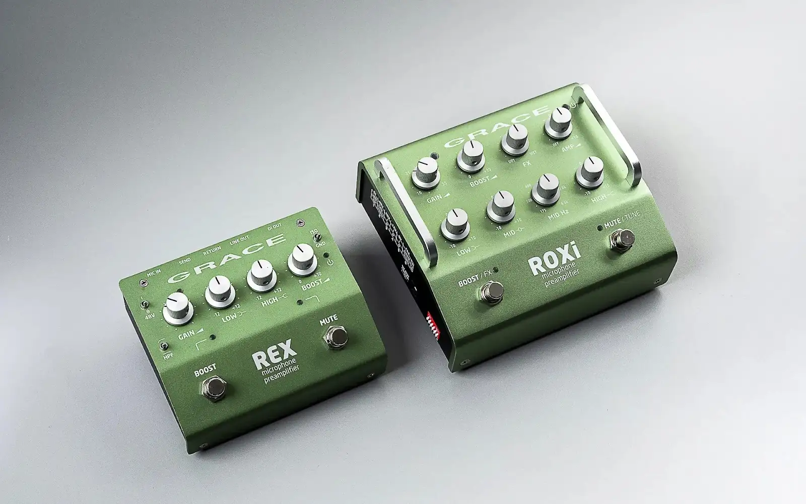 Grace Design REX and ROXI green acoustic microphone preamplifier pedals displayed side by side.