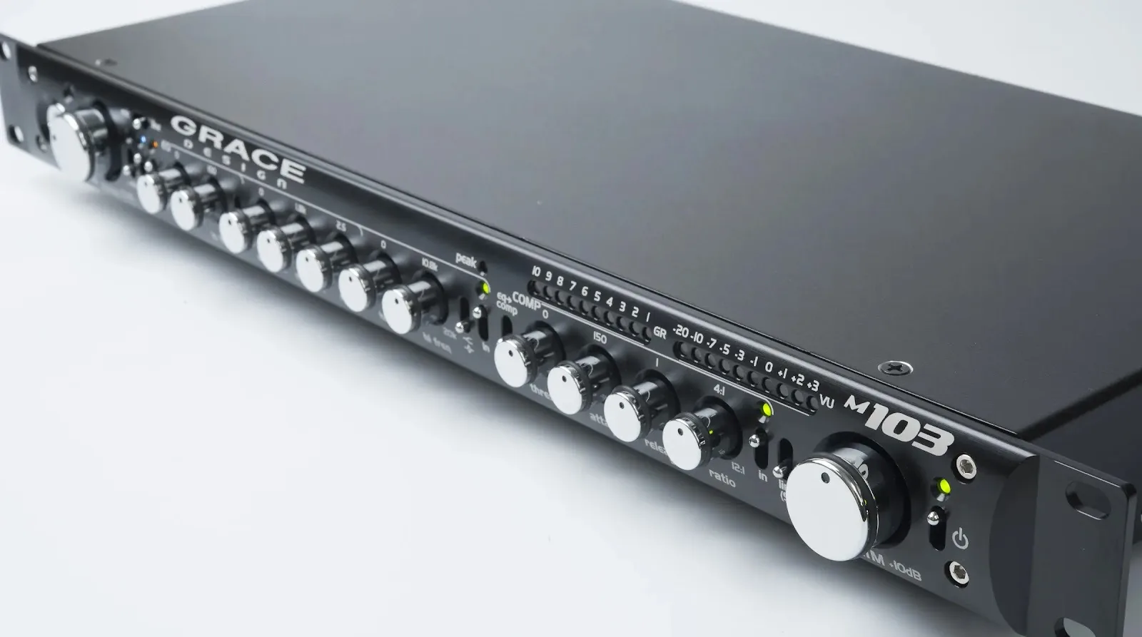 Grace Design m103 single-rack space channel strip featuring mic preamp, sweepable EQ, and optical compressor controls.