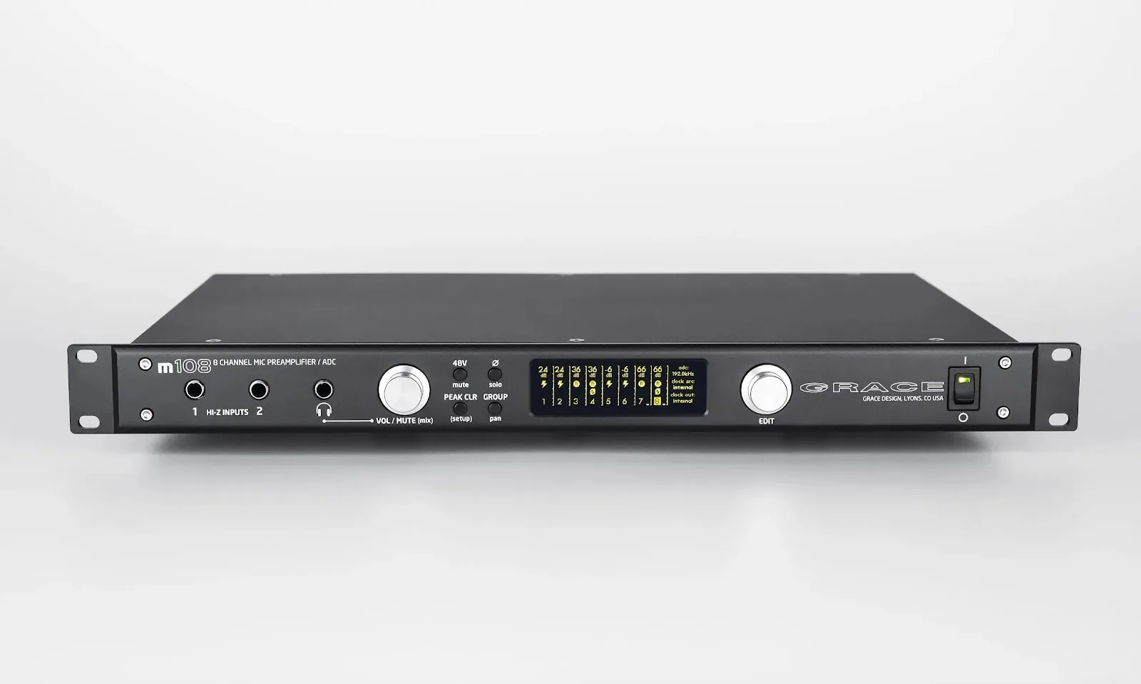 Grace Design m108 8-channel microphone preamplifier and ADC featuring a central digital display and rack ears.